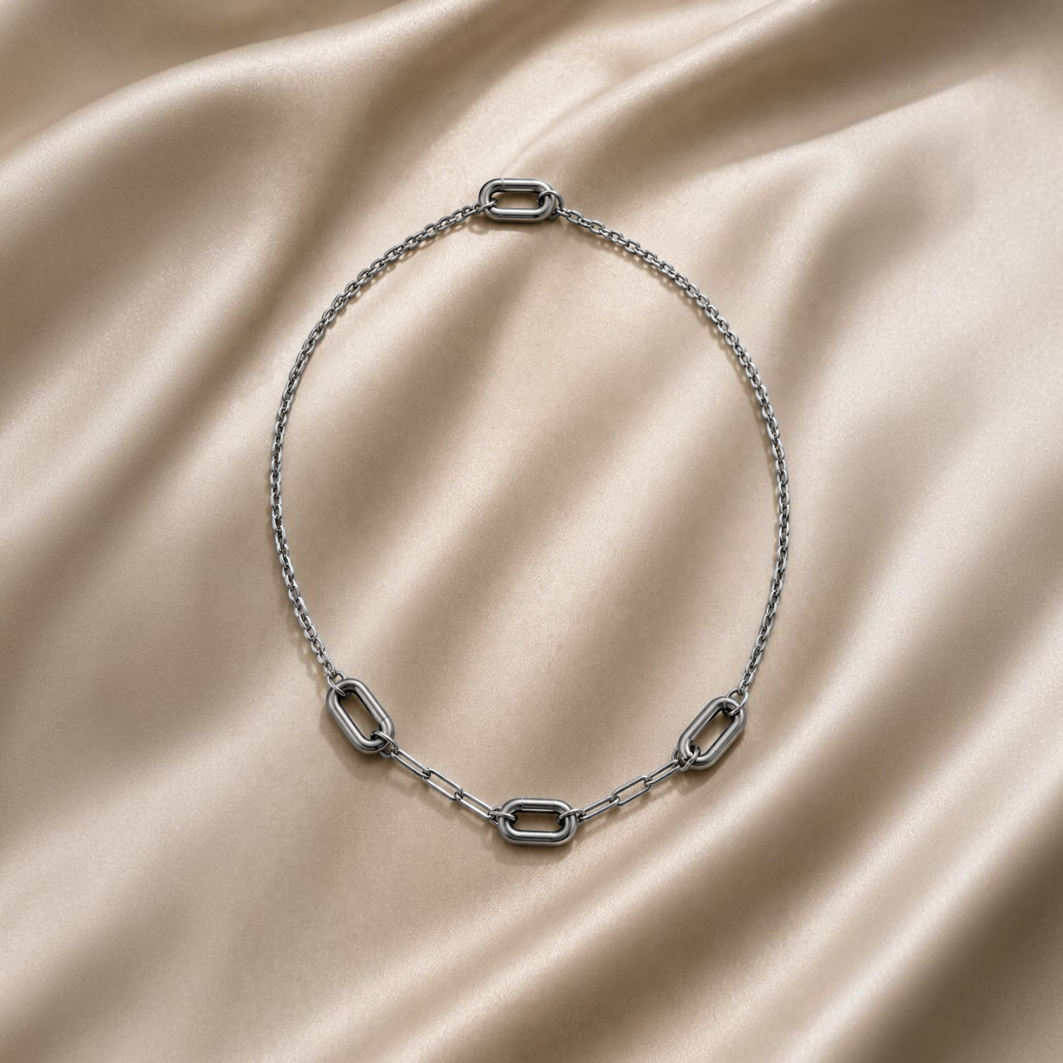 HOUSE OF EVEN Orbit Connector Necklace in polished silver stainless steel with three removable oval links