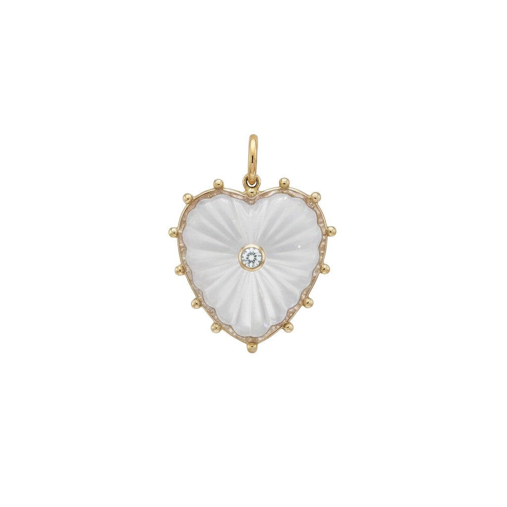 HOUSE OF EVEN Moonlight Charm heart pendant with matte silver finish, gold beaded border, and clear zircon center.